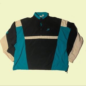 Y2k NIKE thrifted collared black and teal long sleeve pull over windbreaker